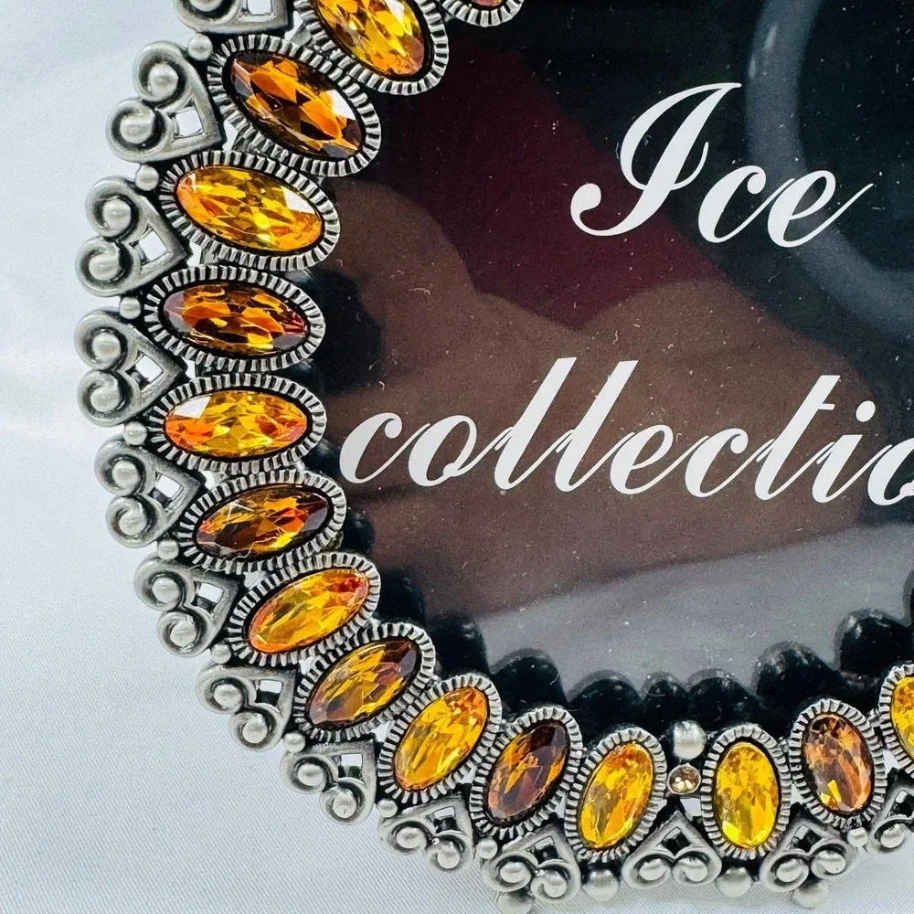 VTG Round Ornate Metal Picture Frame Amber Crystal Jewels Two's Company REGENCY